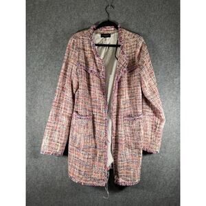 Laundry‎ By Shelli Segal Jacket Women XL Pink Boucle Knit Textured Fringe Trim
